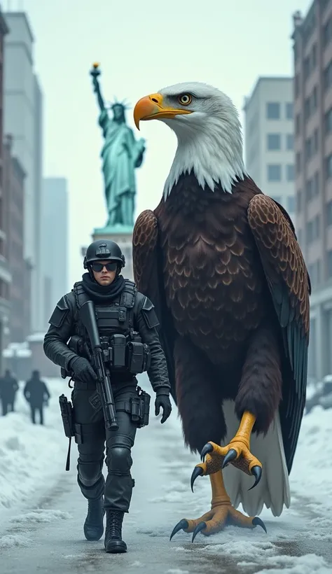 a heavily armed soldier walking alongside a gigantic bald eagle (symbol of the USA), with the Statue of Liberty in the background. The landscape is urban and snowy, conveying a cold and post-apocalyptic atmosphere. The soldier wears a full modern military ...