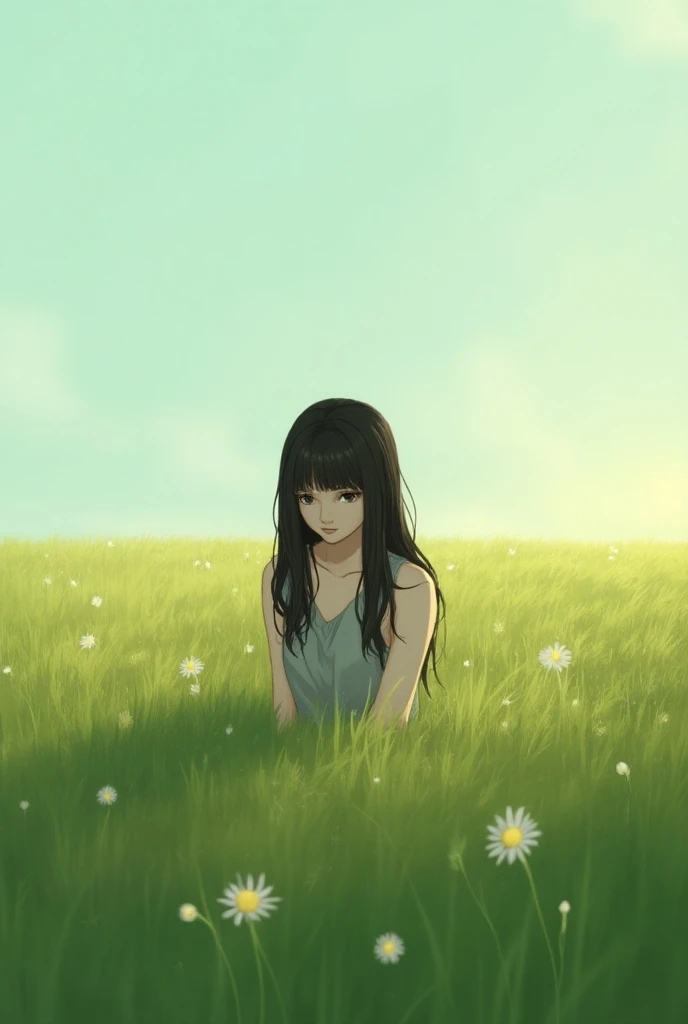 Introverted girl,  with straight black hair , in a field