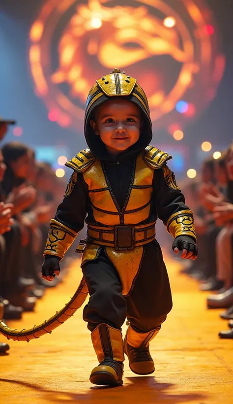  Generate an image of a baby dressed as a Scorpion from Mortal Kombat , parading on a lit catwalk.  The baby must be wearing a detailed yellow and black costume , with high resolution and sharpness in the . In the background,  patterns, an animated audienc...