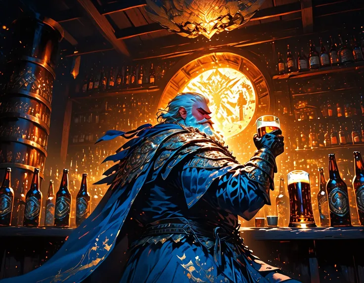 comic art, fantasy art, arafed, a picture of an armored dwarf fighter in a bar drinking from a foaming mug of beer, the mug has ...