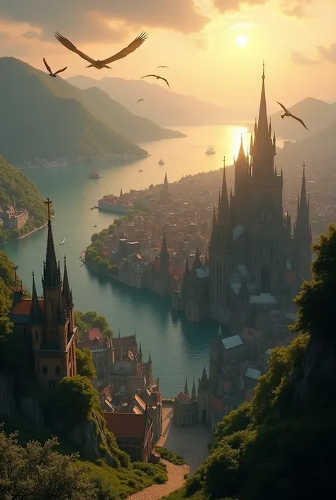  Medieval fantasy city seen from above.  With mythological birds flying above . Surrounded by a huge lake ,  bathed in sunrise light 