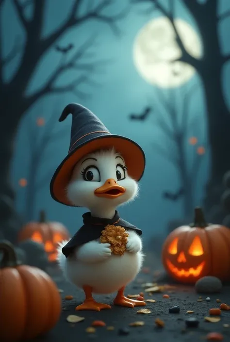 

cute white duck in halloween outfit, in a gloomy environment 3d pixar disney 