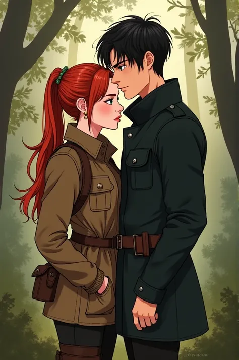 cozy atmosphere, with an adult red-haired woman in hunter costumes and an adult black-haired man in black clothes, Type Illustration, green and brown are my favorite colors 