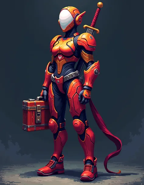 woman in futuristic (8-bit armor), vibrant red and gold details, holding intricate briefcase, large sword on back, white visor, dark background, (((ultra-detailed pixel art))), vibrant colors, sharp contrasts, retro gaming aesthetics, nostalgia with modern...