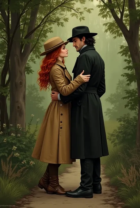 cozy atmosphere, with an adult red-haired woman in hunter costumes and an adult black-haired man in black clothes, Type Illustration, green and brown are my favorite colors . period clothing