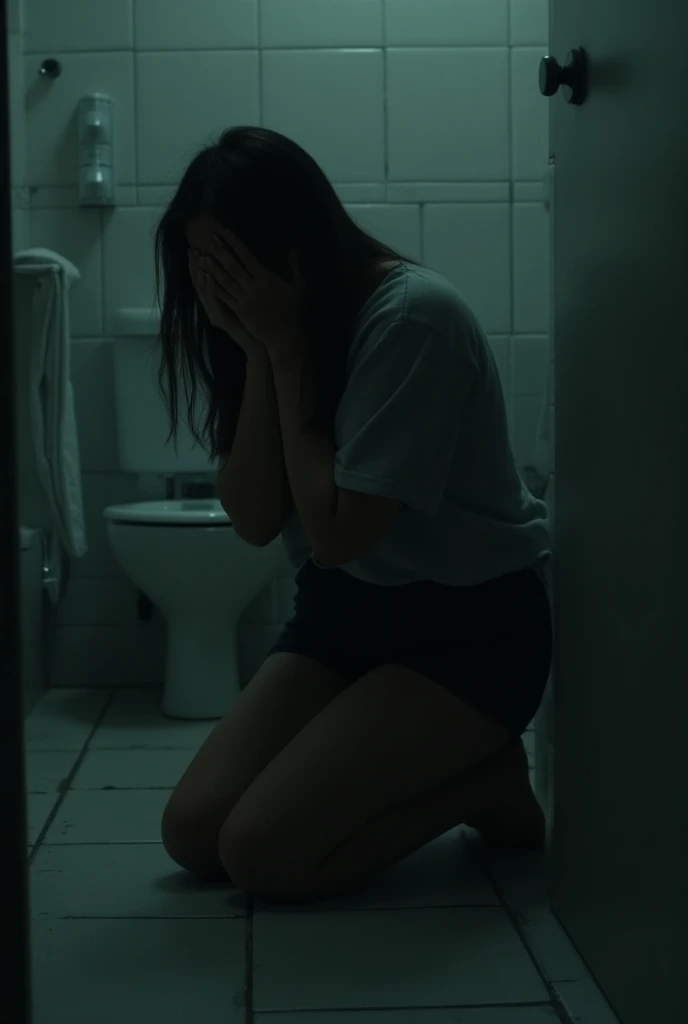 kneeling woman, crying in a bathroom while covering her face with her hands