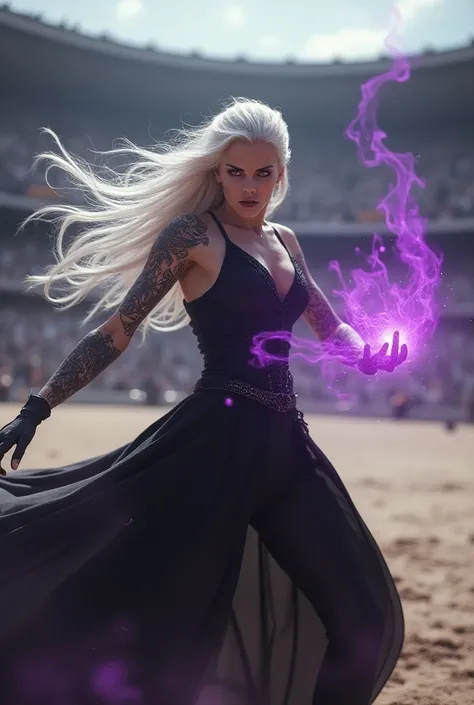  Woman with long silver white hair , pink rose eyes , white skin, tattooed.  She has a determined look , angry look. Shes wearing well-behaved black clothes , formal and medieval .  Shes fighting in an empty outdoor wrestling venue,  shes using purple magi...