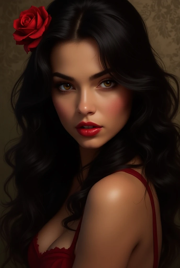 Maria Padilha from Cabaré , brunette woman,  long black hair, honey-colored eyes,  Red Lips , seductive look,   a red rose on the left side of her hair, sexy red dress