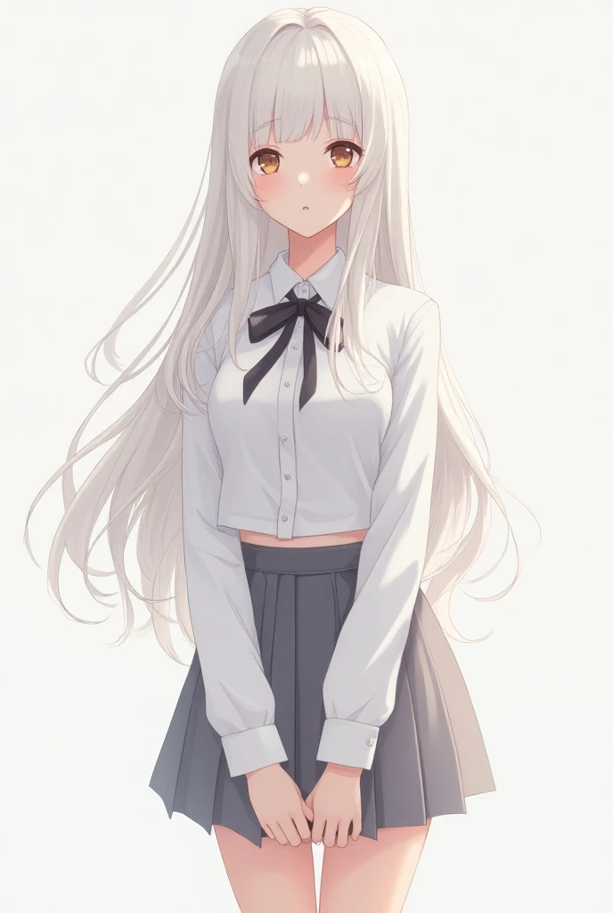 ANIME WOMAN, Long white hair,  brown eyes,  student shirt that highlights your waist, skirt above the knee ,  calf-length socks , black sneakers