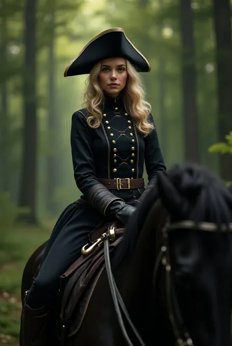 A young woman with long, blond, curly hair and straight bangs. She wears a black tricorn hat. She is dressed in the clothes of early modern French soldiers. She is sitting on a black horse. She is in the forest.