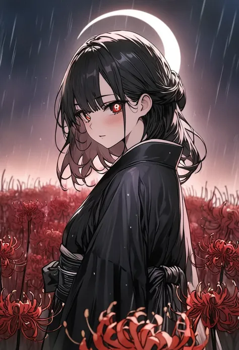 anime、((Amazingly absurd)),(masterpiece:1.2),超High resolution, Attention to detail, high quality, High resolution, 最high quality, 4K, 8k、Woman wearing white haori over black yukata, black yukata, long har , black hair, sanding in raind in a field of red sp...