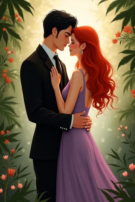 cozy atmosphere, with an adult red-haired woman in a lilac dress and an adult black-haired man in black clothes, Type Illustration, green and brown are my favorite colors .