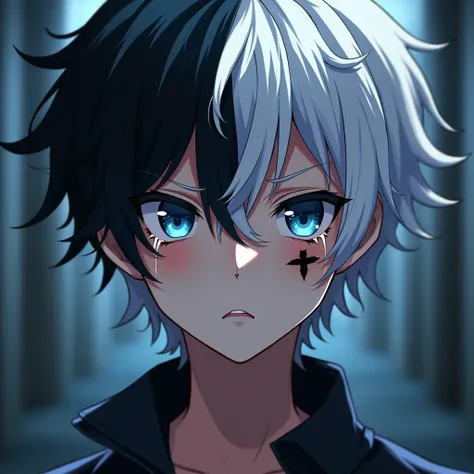  High Resolution, Regardant le spectateur, , blue eyes, Aside,  black hair on the left and white on the right , young man, short hair , anime , Right eye tattoo,  Alone, sexy , pleure 