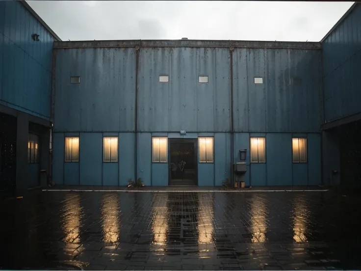 Cinematic frame of an industrial building, exterior view, blue walls, Dark background, quality photo, wet texture,glass and steel , Studio photo, left angle view ,  shallow depth of field, vignette,  Very detailed , high budget, bokeh, cinemascope, epic, i...