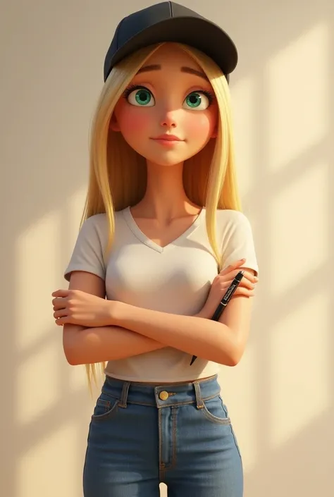 
Disney Pixar character, 
long, straight blonde hair 
green eyes, 31 years old 
almost smiling 
white blouse, jeans, black cap
taking notes
seller, artisan