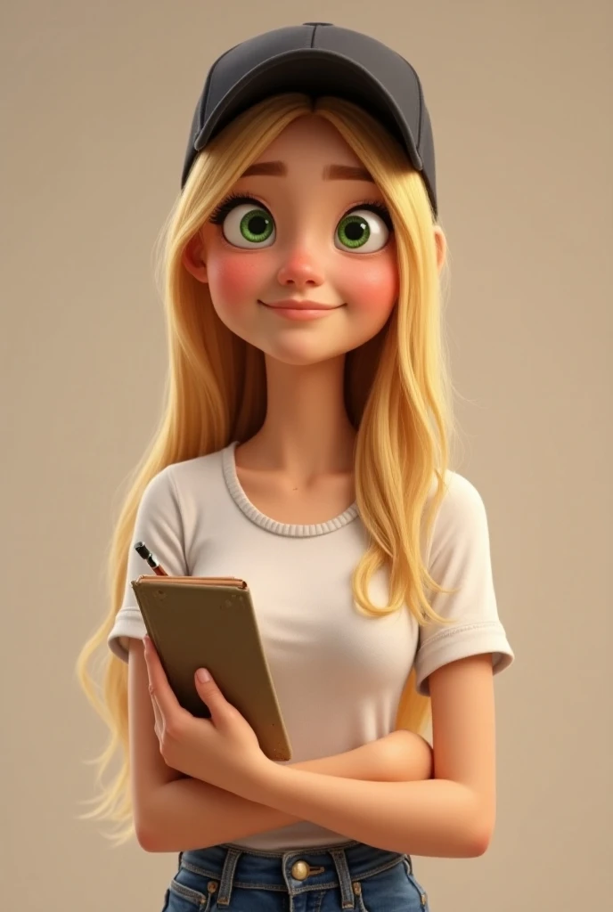 
Disney Pixar character, 
long, straight blonde hair 
green eyes, 31 years old 
almost smiling 
white blouse, jeans, black cap
taking notes
seller, artisan