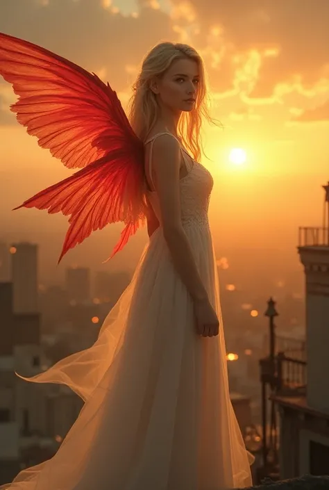 Young fair-skinned woman with blond hair ,  yellow eyes , with red wings .  wearing a wedding dress on the roof of a building with the sunset in the background