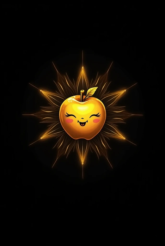 A logo marks a golden apple with a face and with a black background and with surrounding rays