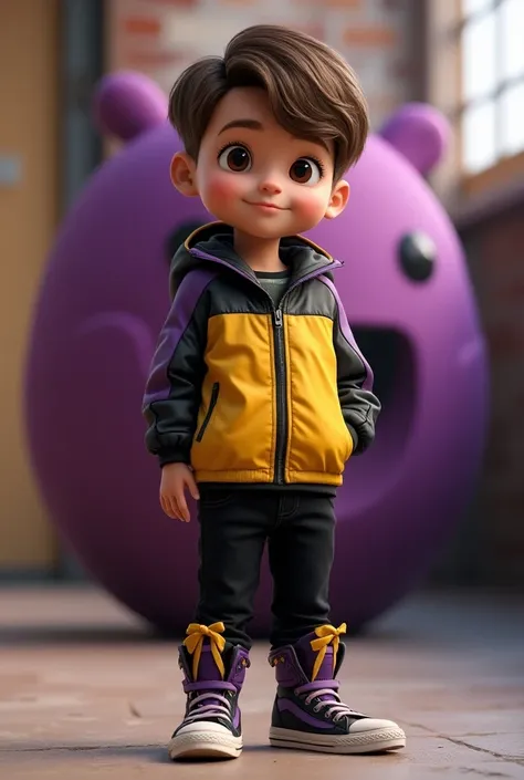  An  boy with a pixar image with brown hair wearing a yellow purple and black jacket like black pants a purple yellow and black sneakers with details and what is a purple and yellow cover behind his back (a high-quality photo )