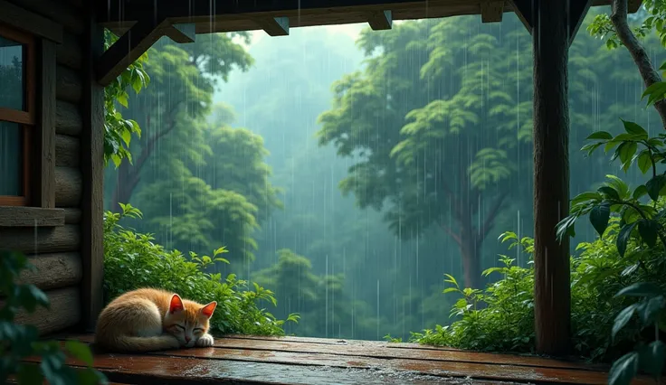  Torrential rain in a rainforest, view from the porch of a wooden house . Kitten sleeping in the corner