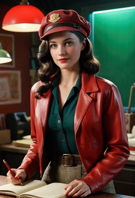 Piper Wright, a striking, fiery journalist, stands confidently in her red leather jacket, its snug fit accentuating her slim figure. Her dark hair cascades in loose waves beneath a matching red newsboy cap. Her green eyes sparkle with curiosity as she scri...