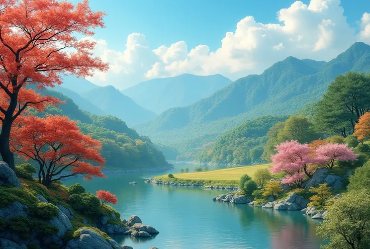 realistic, photo realistic, very beautiful Japanese four seasons scenery, landscape photography