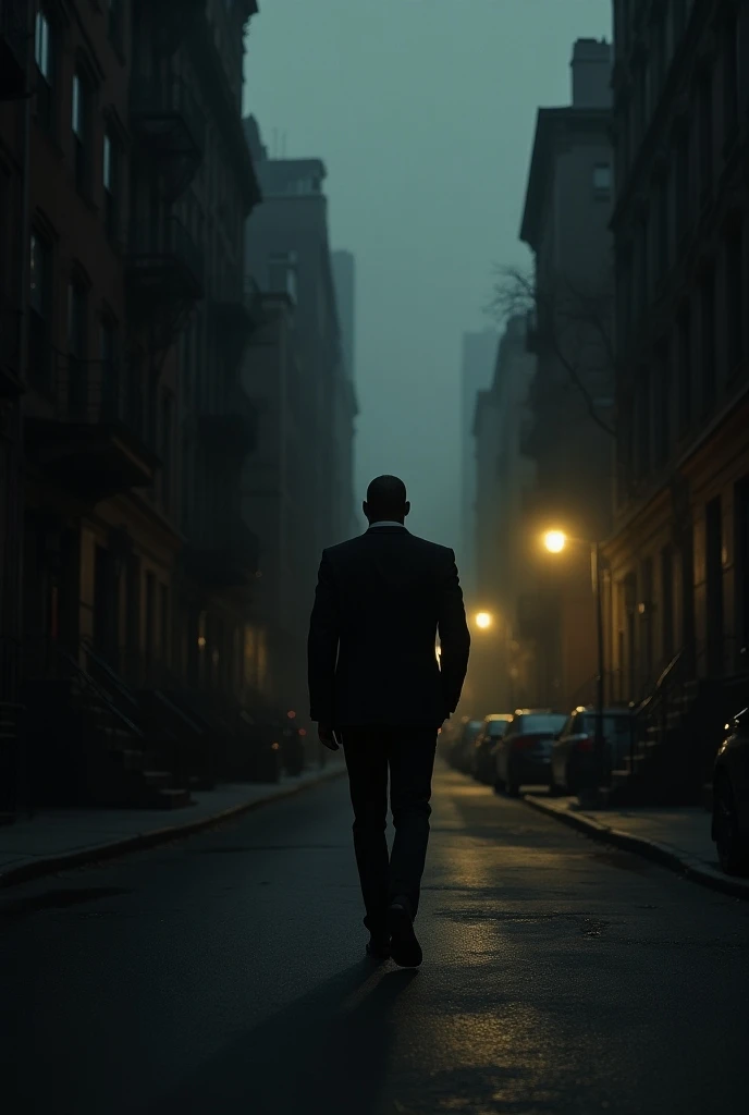 A black man in a coat walking on a dark street