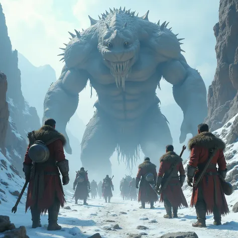 a close up of a group of people in a snowy area with a giant monster, dungeon ,concept art inspired by Andreas Rocha, Artstation contest winner, fantasy art, epic fantasy game art, epic fantasy art style, fantasy game art, epic fantasy digital art style, m...