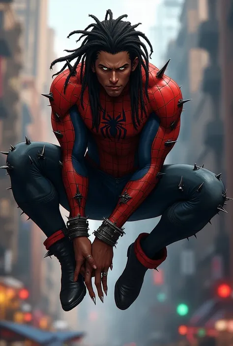 Create a male Spider-Man character Through the Spider-Verse,  kind of anarchist clothing with thorns in some places,  wearing a high-top boot , com dreadlocks louros, dark brown skin, strong light brown eyes ,  wearing rings and a snake lip piercing .