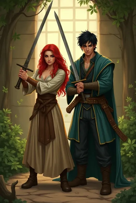 cozy atmosphere, with an adult red-haired woman and an adult black-haired man, Type Illustration, green and brown are my favorite colors .  With swords in hand 