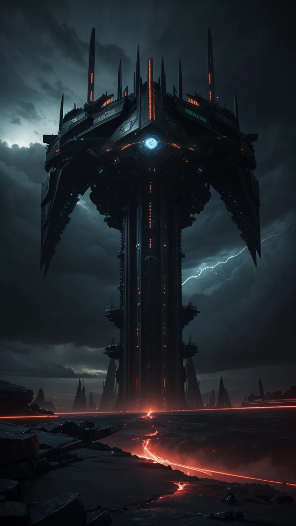 A dark, futuristic illustration of the premature end of eternity, highly detailed, 8K, photorealistic, cinematic, dramatic lighting, moody colors, complex sci-fi machinery, towering structures, glowing energy fields, ominous atmosphere, intricate details, ...