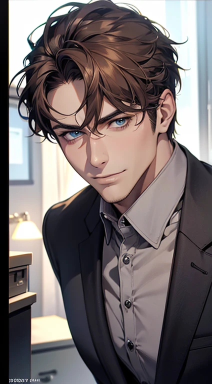 (best quality,4k,8k,highres,masterpiece:1.2),ultra-detailed,(realistic,photorealistic,photo-realistic:1.37),1 man,31 years old,mature man,very handsome,without expression,smile,short grey brown hair,blue eyes,penetrating gaze,perfect face without errors,im...