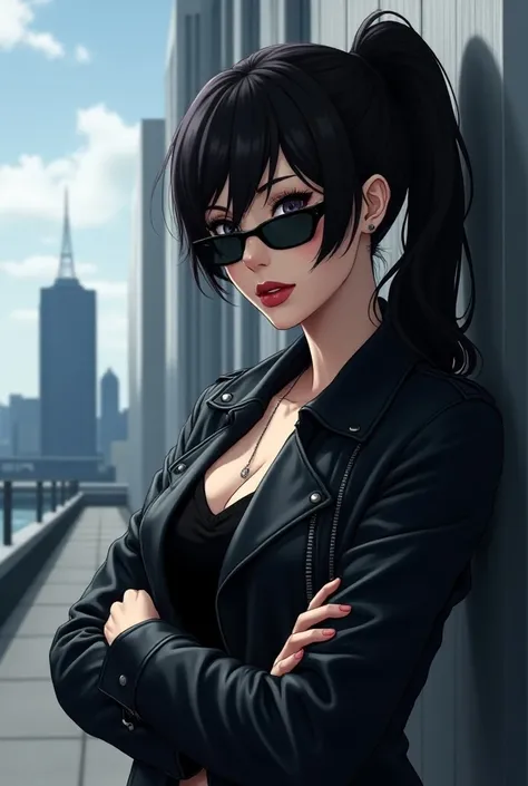 With her dark hair pulled back in a sleek ponytail and her eyes hidden behind a pair of sunglasses, she exuded an air of mystery and coolness. Her confident stride and aloof demeanor made her seem unattainable. Her skin was pale and flawless, and her lips ...