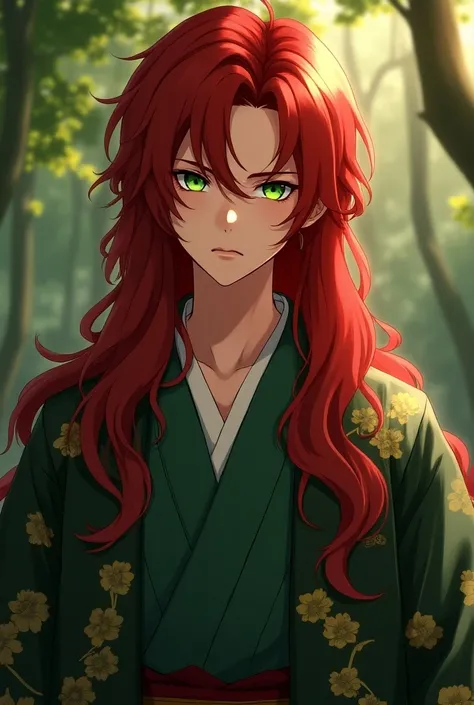 Young man with long red hair that falls down to his waist , With green eyes you dress Haori