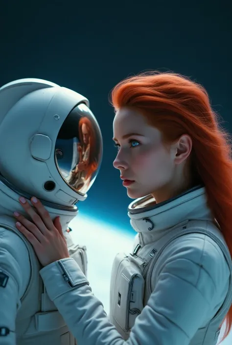  Make the cover of a film about space . In the image of an adult woman , with red hair and blue eyes.  The girl is looking at her own reflection and touching it .  The girl is dressed in white astronaut clothing detailed with gray colors. In the background...