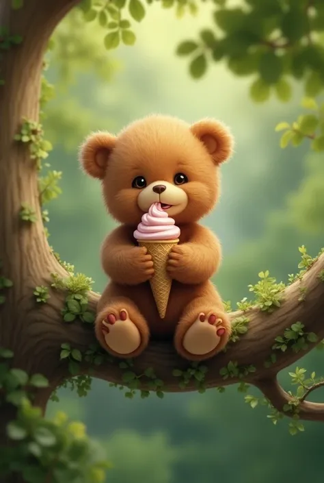 Teddy bear eating ice cream sitting on a tree 