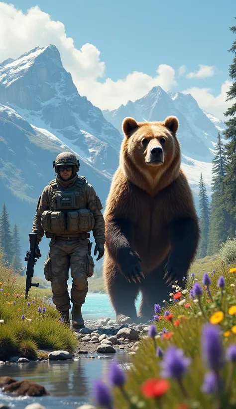 Create an ultra-realistic image of a modern soldier in full tactical gear walking side by side with a massive grizzly bear. The soldier, dressed in woodland camouflage with a tactical helmet, vest, and a rifle gripped firmly, radiates focus and readiness. ...