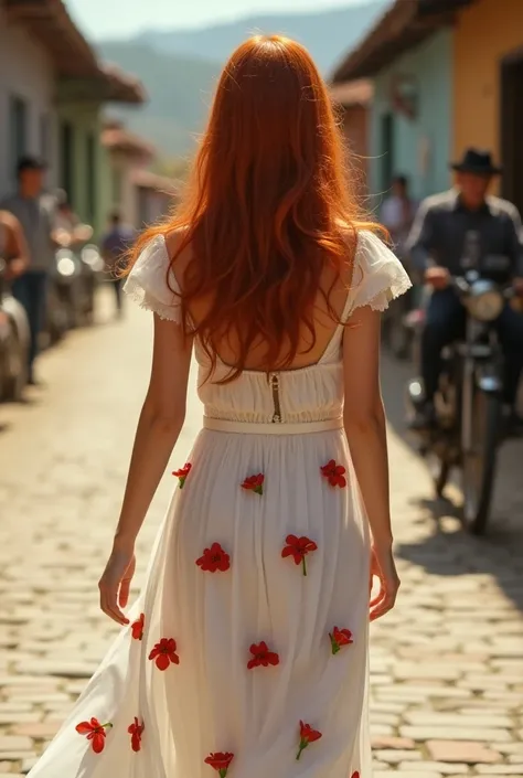 (photorealism: 1.2), beautiful woman, white dress with red flowers, in a town in Antioquia, Colombia, long dark orange hair, walking on her back, very detailed, masterpiece, professional photography. , extreme details, high resolution, hdr, 4k