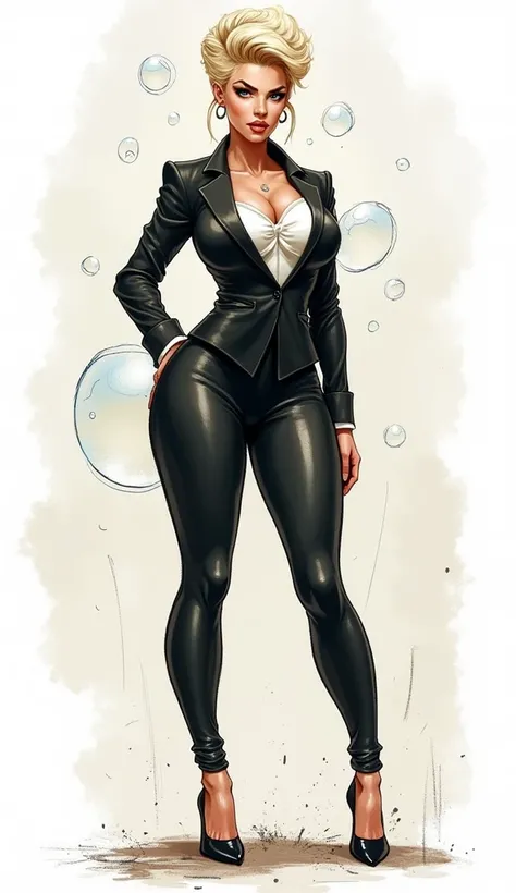 ((masterpiece)),(((best quality))), ((character design sheet:1.4)), ((full body view)) illustration,1girl, muscular, (( dark business suit:1.5)), bubbles, ((Pompadour hairstyle:1.4)), ((light blonde hair:1.4)), blue suit ((detailed face:1.4)) ((gigantic br...