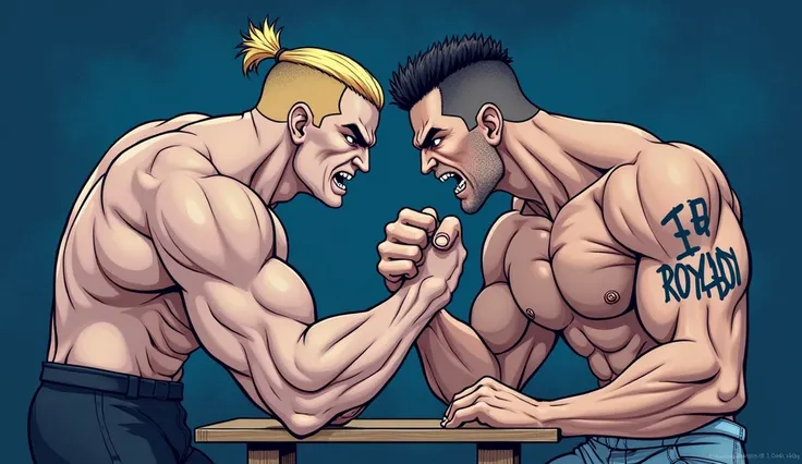 Photorealism: 1.2) 2 super stocky musclehunks with the biggest arm muscles!!! One is young, VERY BLONDE HAIR!, shaved at the sides in a small ponytail, very macho and clean shaven. The other is young, clean shaven with dark spiky hair and also very macho! ...