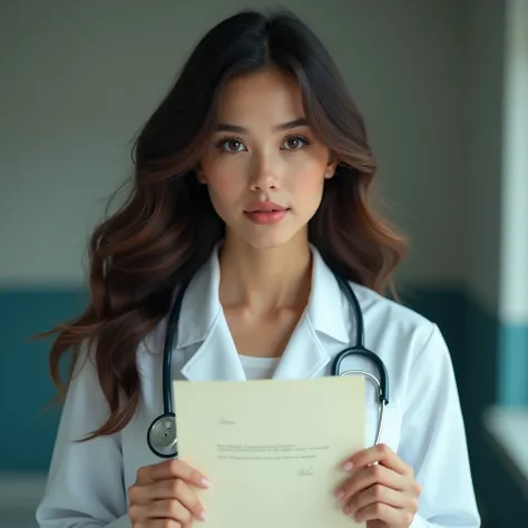 A Beautiful girl  with long wavy hair, doctor dress, holding a letter"" and showing it to the viewer