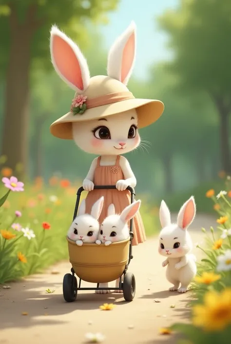 An anthropomorphic bunny strolls peacefully through a sunny park, pushing an elegant stroller where her two adorable baby bunnies rest. She is slender, with soft, shiny white fur, and large ears gracefully standing atop her head. She wears a pastel summer ...