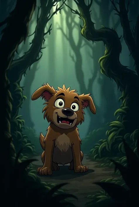 Cartoons Dog in a dark jungle afraid of people 