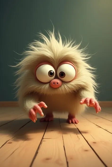 A funny shaggy creature with big round eyes sneaks quietly across the floor with its fingers 