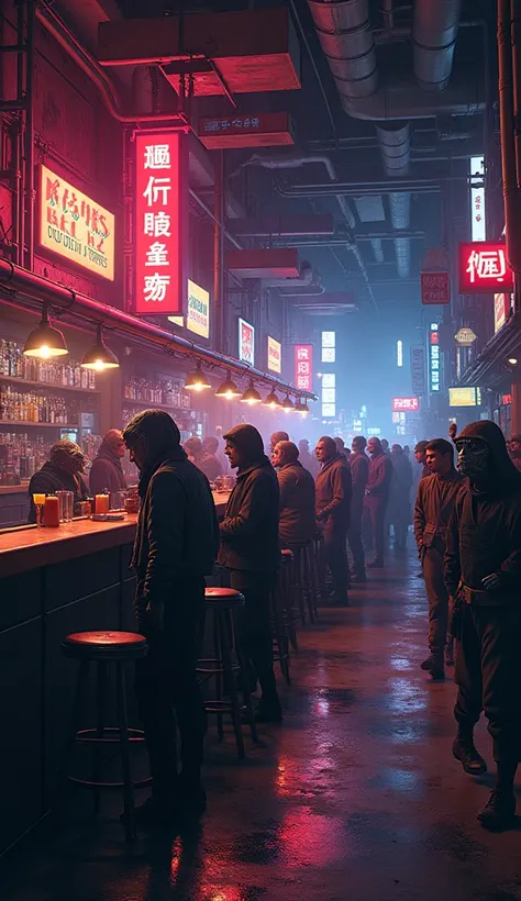 a crowded star wars bar, alien species, dark moody lighting, neon signs, counter with drinks, detailed character portraits, dynamic crowd scene, cinematic atmosphere, dramatic shadows and highlights, science fiction environment, gritty urban setting, maste...