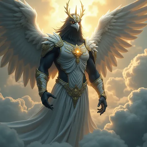 Muscular Anthropomorphic black Crow god, half saint half demon, glowing white and gold armor, holding the earth in its hands, positioned in the clouds, 8K Octane, Hyperdetailed, God Rays