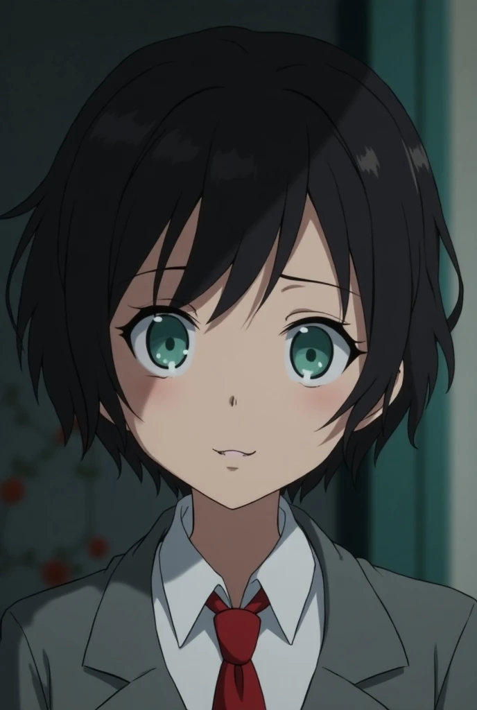 young woman, short messy dark brown hair, split ends, white skin, scar on the lower lip, completely turquoise eyes, soft and charming look, soft smile, naive, innocent, screenshot from My Hero Academia, screenshot Bones Studios screen, gray jacket and red ...