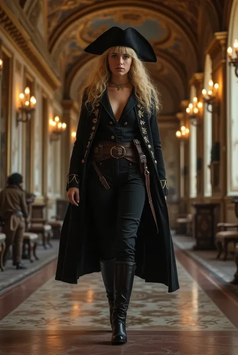 A young woman with long, blond, curly hair and straight bangs. She wears a black tricorn hat. She is dressed in the clothes of early modern French soldiers. She walks through the corridors of a luxurious castle.