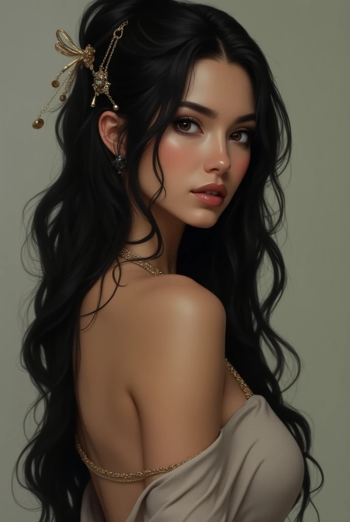  Women , age 16 , Look like a true goddess  , with dark circles ,  super long hair color black  , model body , Classic clothes  ,  with basic colors  ,  your flirty personality  ,  add accessories such as simple chains and a hair bracelet. realistic , full...