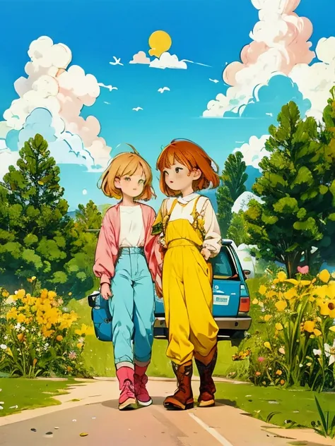 1girl,flower, tree, ground vehicle, rabbit, outdoors, pink flower, brown hair, cloud, grass, long sleeves, sky, vest, yellow flower, motor vehicle, day, red flower,  blue sky, holding, boots, house, pants, smile, standing, car, Soft warm colors, smooth lin...